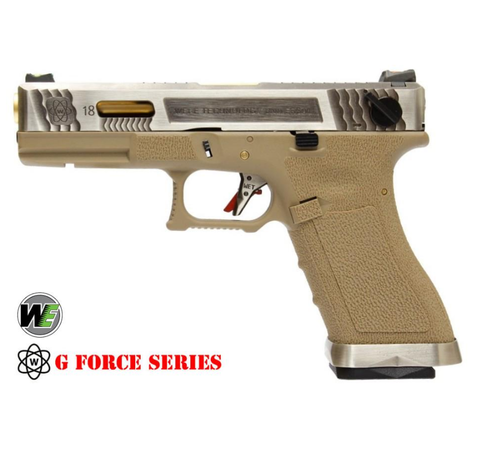 WE - Glock 18C T4 Gas Blow Back Pistol - Silver Slide / Gold Barrel / FDE Frame